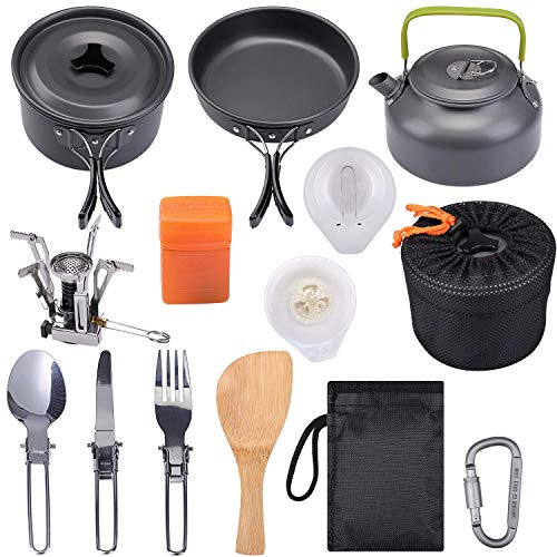 G4Free Camping Cookware Mess Kit, Lightweight Pot Pan Kettle Fork Knife Spoon Kit for Backpacking, Outdoor Camping Hiking and Picnic(15pcs Set)
