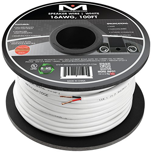 Mediabridge 16AWG 2-Conductor Speaker Wire (100 Feet, White) - 99.9% Oxygen Free Copper – ETL Listed & CL2 Rated for In-Wall Use (Part# SW-16X2-100-WH )