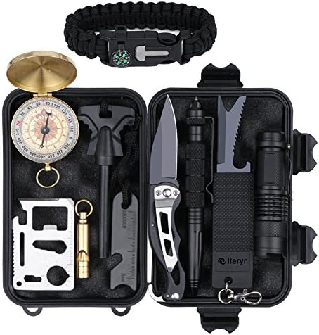 Survival Gear Kits 12 in 1, Outdoor Emergency Survival Tools with Tactical Pen, Fire Starter, Military Compass, Survival Bracelet, Flashlight, Whistle for Camping Hiking Climbing Hunting Adventures