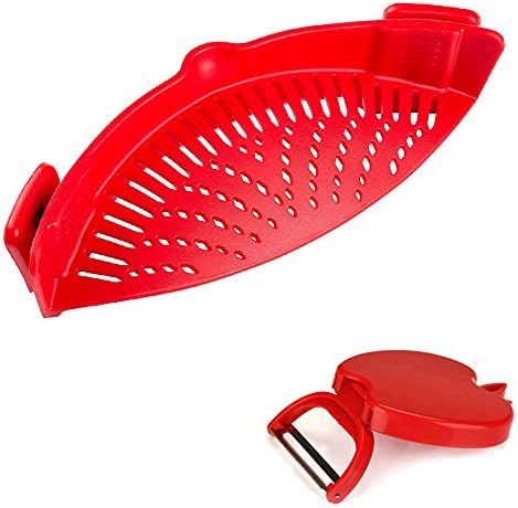 The New Kitchen Clip-On Strainer, Green Vegetables Strainer, Pasta Strainer, Colander & Drainer Compact siliconeclip, Grease Colander, Fits all Pot Bowls Sizes (red)