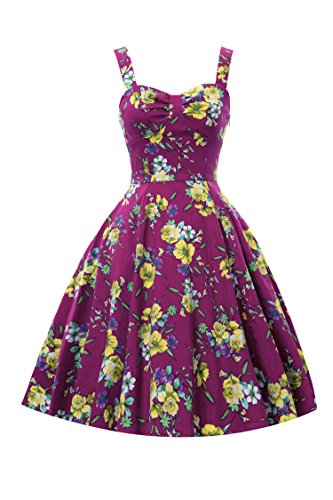 Sweetmeet Women's Vintage 1950'S Strappy Swing Rockabilly Skaters Floral Print Party Dresses S Rose Purple