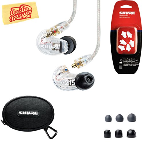 Shure SE215 Sound Isolating Earphones - Clear Bundle with Triple Flange Sleeves, Sleeve Fit Kit, Carrying Case, and Austin Bazaar Polishing Cloth