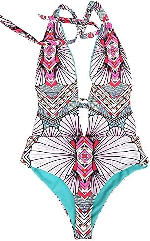 FunnyKing Women's Petal Printing Plunging Halter Padding Swimsuit as pictureLarge
