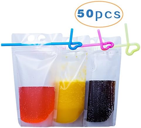 50 Pack Translucent Drink Pouches, 8mil Stand Up Reclosable Zipper Drinking Pouches with Plastic Straw, 1.5" Bottom Gusset