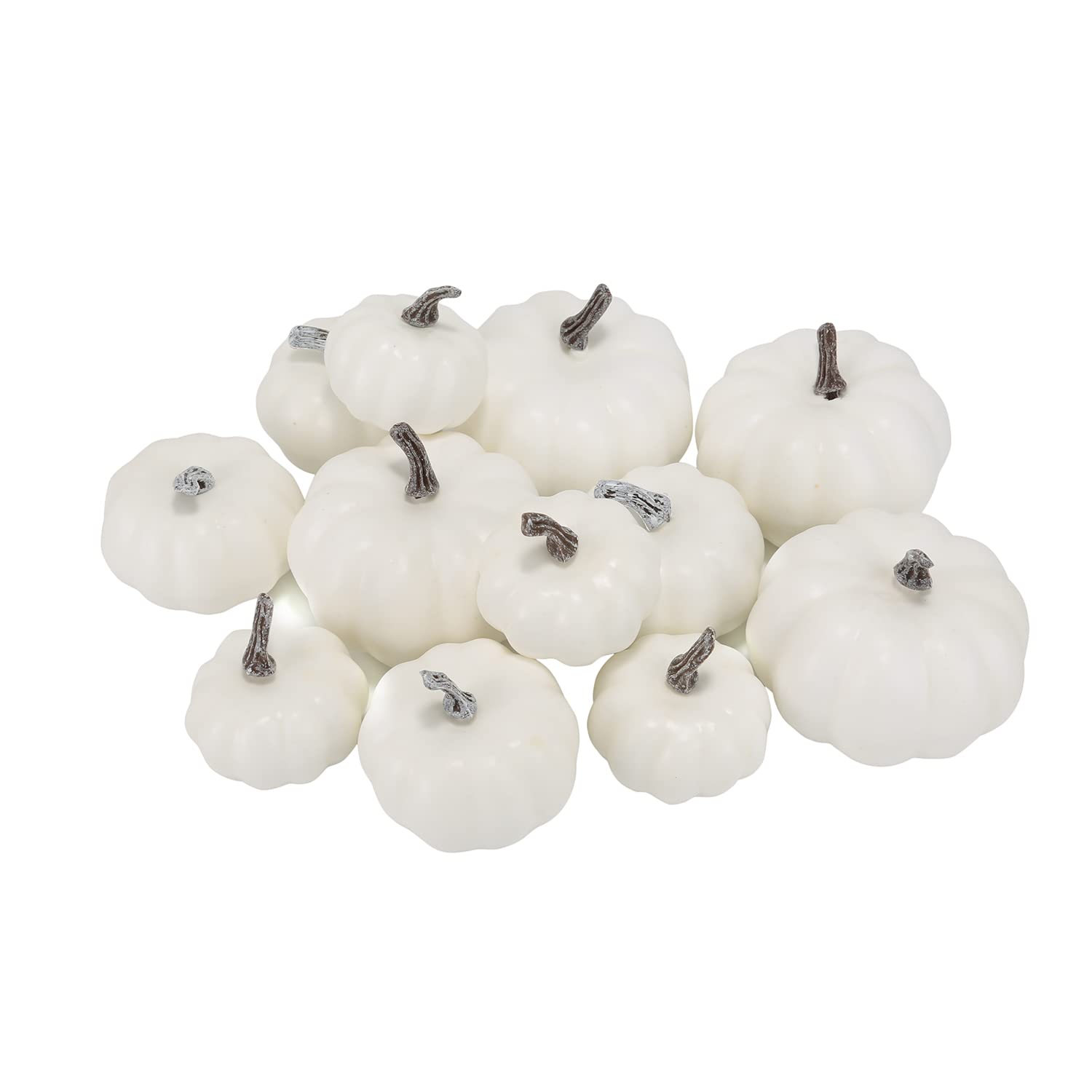 KEENSUNI 12Pcs White Artificial Pumpkins Set Assorted Faux Harvest Pumpkins for Halloween Fall Wedding Thanksgiving Seasonal Holiday Tabletop Decoration Centerpiece