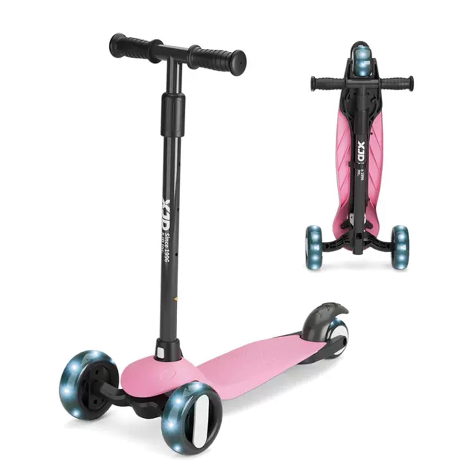 XJD 3 Wheel Kids Scooter Age 2-8 Toddler Scooters 4 Levels Height Adjustable Handle Wide Deck Kick Easy Foldable Design Scooter with PU Flashing Wheels for Boys Girls Children (Pink)