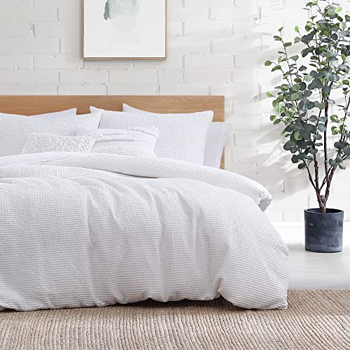 DKNY Bedding Modern Waffle 3-Piece Cotton Duvet Cover Set, King, White