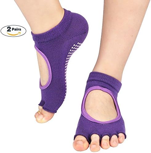 Half-Toe Womens Yoga Socks, Super Grip Non Slip Skid Yoga Pilates Barre cotton socks 2 Packs for Women's &amp; Girls (Navy purple)