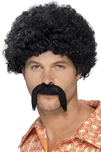 Smiffy's Men's 70's Disco Dirt bag Kit, Tight Afro and Moustache, One Size, Colour: Black, 43664