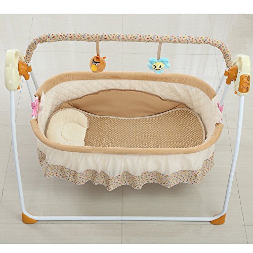 KANING Electric Big Auto-Swing Bed Baby Cradle Space Safe Crib Infant Rocker Cot + Mat Electric Baby Portable Bassinet Cradle, Rocking Sleeping Playing Basket Bed with Music(Khaki)