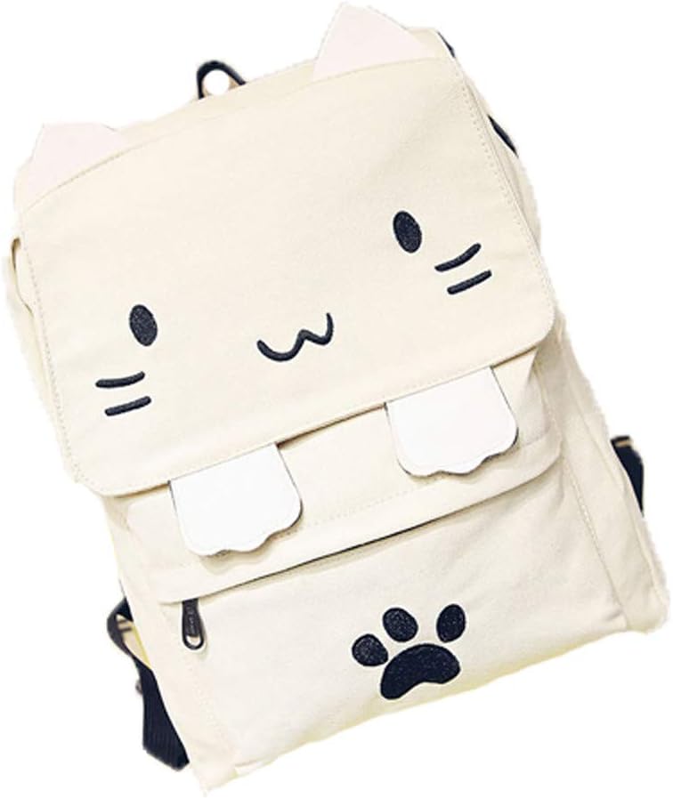 Cute Canvas Cat Print Backpack School Bag Lightweight Bookbags (white)