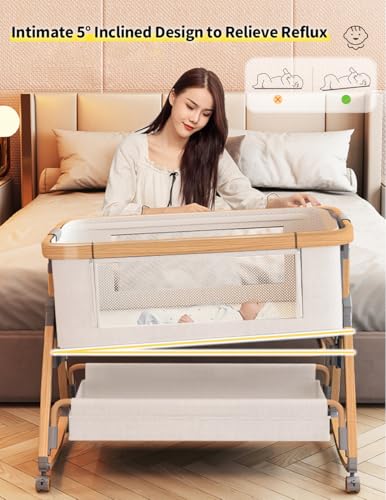 Baby Bassinet, Bedside Bassinet for Baby, 4 in 1 Portable Bedside Sleeper with Wheels Mosquito Net & Storage Basket, 6 Height Adjustable Rocking Bassinet for Newborn Baby