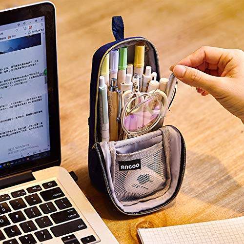 iSuperb Stand Up Pencil Case Canvas Pencil Holder Phone Holder Mobile Phone Bracket Function Desk Organizer Makeup Cosmetic Bag (Dark Blue)