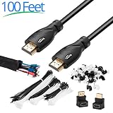Maximm Premium High-Speed HDMI 2.0b 4K Cable, 100 Feet - w/Built-in Signal Booster - Cable Sleeve, Ties, Clips, 90 & 270 Degree Adapters Included