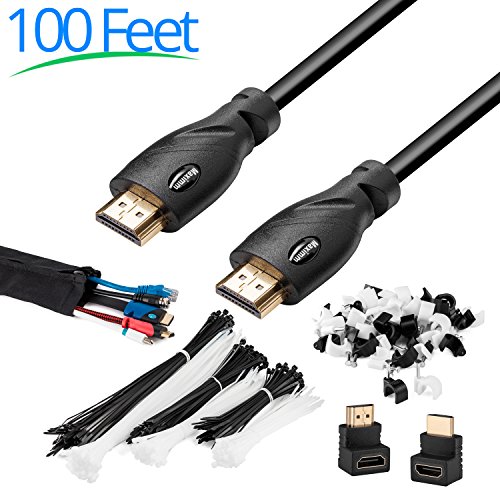 Maximm Premium High-Speed HDMI 2.0b 4K Cable, 100 Feet - w/Built-in Signal Booster - Cable Sleeve, Ties, Clips, 90 & 270 Degree Adapters Included