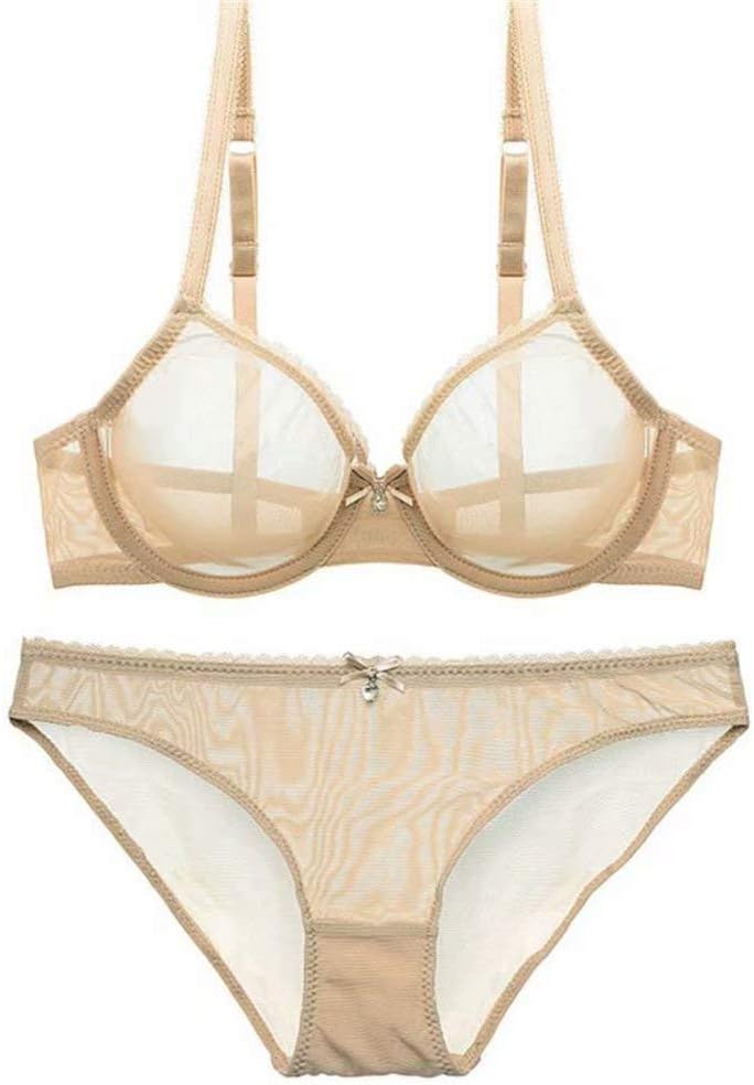Women's See Through Bras and Panties Sets Sheer Unlined Lace Mesh Demi Underwired Bra Plus Size