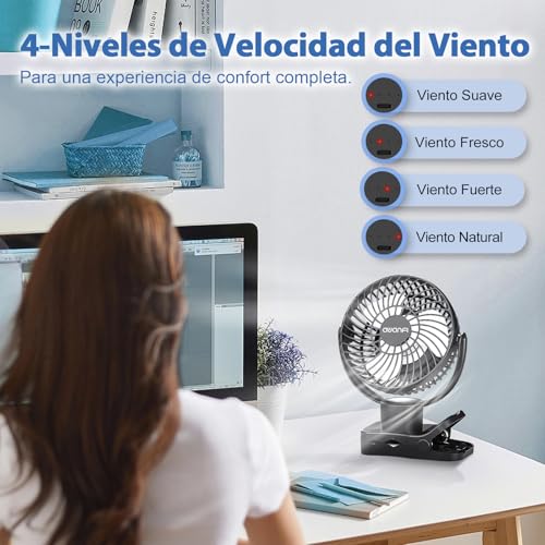 AWANFI 10000mAh Ventilador USB, Portátil Clip-on Fan, Recargable Ventilador con Mando a Distancia, Luz LED, Oscilación, Mini Ventilador de Mesa para Camping, Oficina, Habitacion, Cochecito