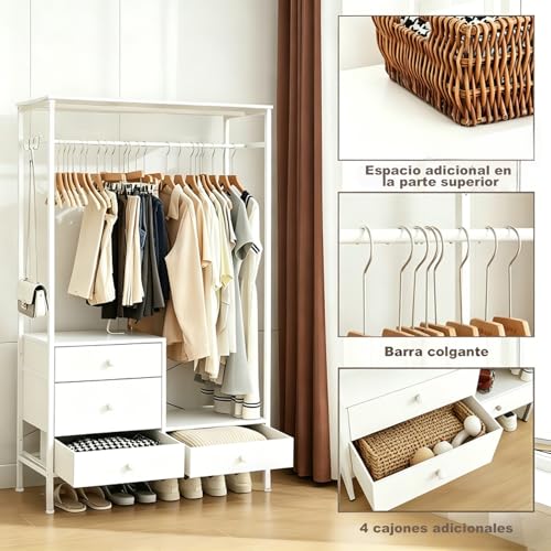STAR BURN Closet Armables Para Ropa, Acero+Madera Tarea Pesada Rack Para Ropa, perchero con 4 cajones, Armario de Acero y Madera con Barra para Colgar, Adecuado para Dormitorios y Lavaderos(Blanco)