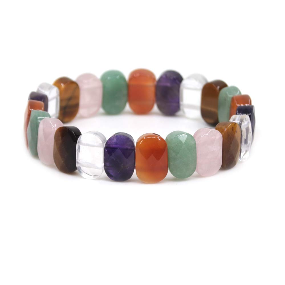 CHENYUE Natural Assorted Gemstone 14mm Faceted Oval Beads Stretch Bracelet 7.5 Inch Unisex