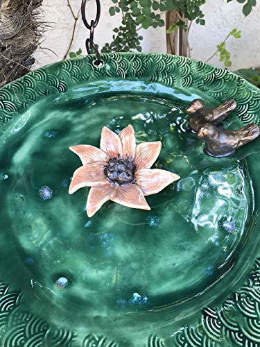 Large Hanging Bird Feeder or Bath with love birds and flower, handmade ceramic garden art