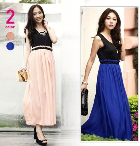 Amazon ウエスト切替バイカラー シフォンマキシ丈ワンピース Yy3928 ピンク 青色 M Lサイズ 460g青色 ワンピース チュニック 通販