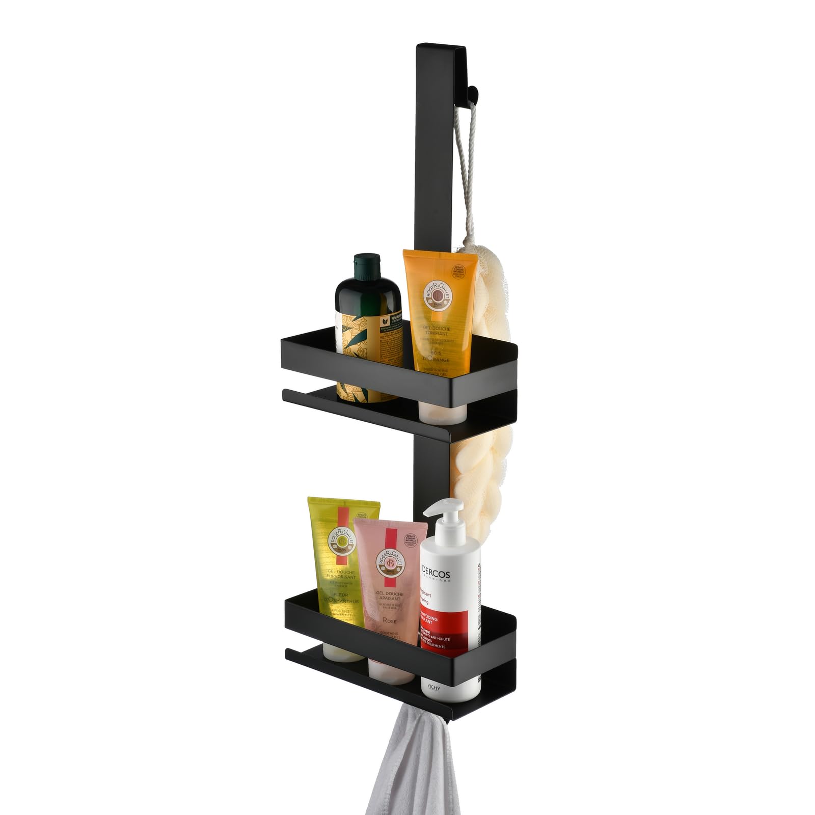NEWRAIN Shower Caddy, 2-Tier Hanging Bathroom Rack with Stainless Steel Over Door Shelves & Squeegees Hooks, Black