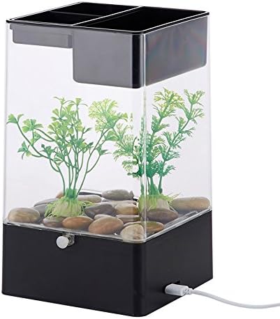 Wilgirl Home Creative Decoration USB Charge Mini Acrylic Fish Tank Desk Transparent Aquarium (Black)