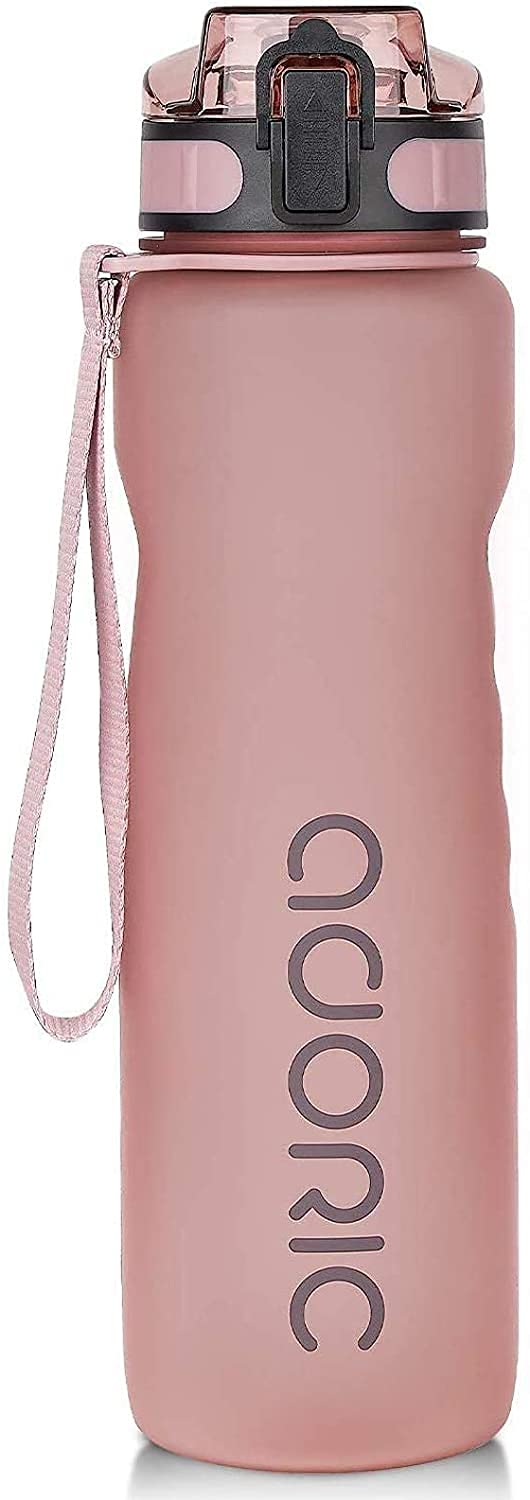 ADORIC Sports Water Bottle 1L, BPA Free Tritan Non-Toxic Plastic Sport Water Cup, Durable Leak Proof Water Bottle with Filter, Flip Top (Pink-1000ml)
