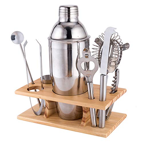 Xena 9 Piece Stainless Steel Bar Cocktail Shaker Set Bamboo Holder Barware Bartender Utensils Kit Accessories