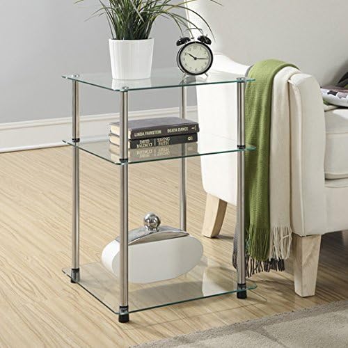 Clear Color Indoor Outdoor Square Shape Metal Open Modern Design Classic Tempered Glass 3 Tiers Shelves Living Room Décor Stainless Steel End Table Furniture for Decoration, Collections or Art Objects