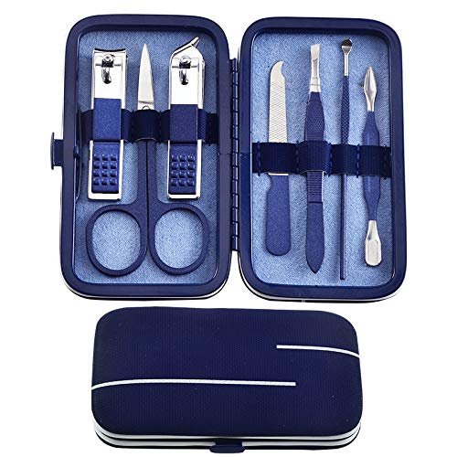 VARIETY OF BEAUTY 7 in 1 Manicure & Pedicure Set | Professional Stainless Steel Nail Clipper/File Knife Scissors and Tweezer Kit | Men Women Home Travel Grooming Tools in Portable Case - (Blue)