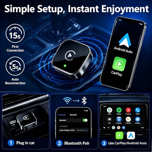 2026 Upgraded Wireless CarPlay Adapter for iPhone＆Android, 2-in1 Carplay and Android Auto WIireless Adapter, Small Size, Plug and Play, Fast and Stable Connection -No Latency to Screen | 2026 Upgraded 2-in1 Carplay and Android Auto Wireless Adapter, Plug and Play,Fast and Stable Connection -No Latency to Screen