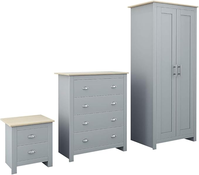 Westbury Grey 3pc Bedroom Furniture Set includes 2 Door Wardrobe