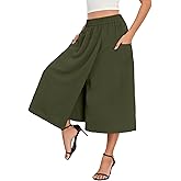 lionstill Women's High-Waisted Relaxed Fit Capri Culottes Flowy Palazzo Pants with Practical Pockets Skirt Pant, Olive Green,M
