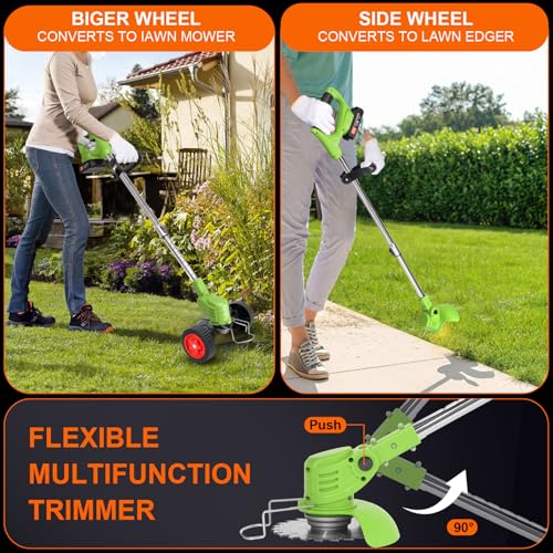 Electric Weed Wacker Cordless with Wheels,24V Electric Weed Eater 3-in-1 Grass Trimmer/Brush Cutter/Edger, 2pcs Batteries&3 Types Blades, Lightweight, Low Noise for Thick Weeds&Yard Garden