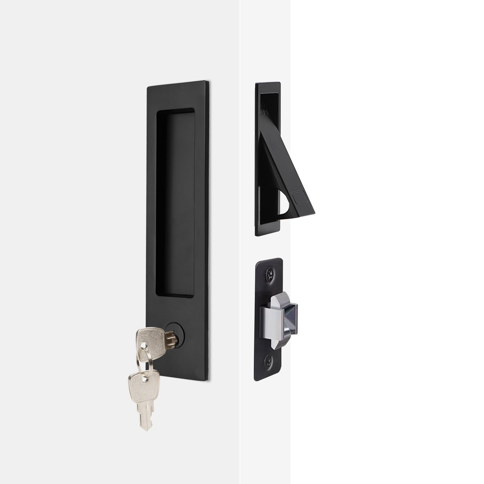 Photo 1 of Dontay Pocket Door Handle with Lock and Edge Pull, Narrow Modern Rectangular Keyed Entry Function, Recessed Sliding Door Hardware for 1 3/8” to 2 3/16” Thickness Door (1, Matte Black)