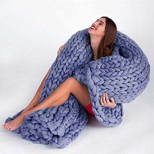 100X150cm Chunky Knit Blanket Handmade Knitting Wool Yarn Bed Sofa Yoga Throw Super Large Home Decor (Sky Blue, 40"×60")