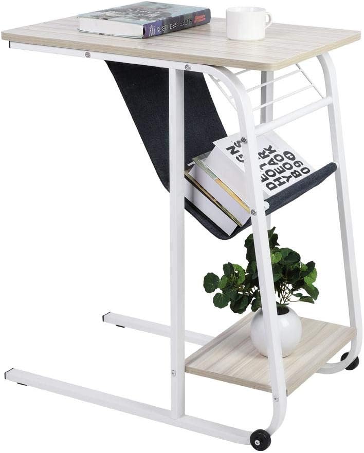 Overbed Table,C-Shaped Laptop Stand Small Sofa Side End Bedside Table Computer Desk Coffee Table with Metal Frame Removable Fabric Shelf and Storage Bag for Living Room Bedroom Office Balcony(#1)