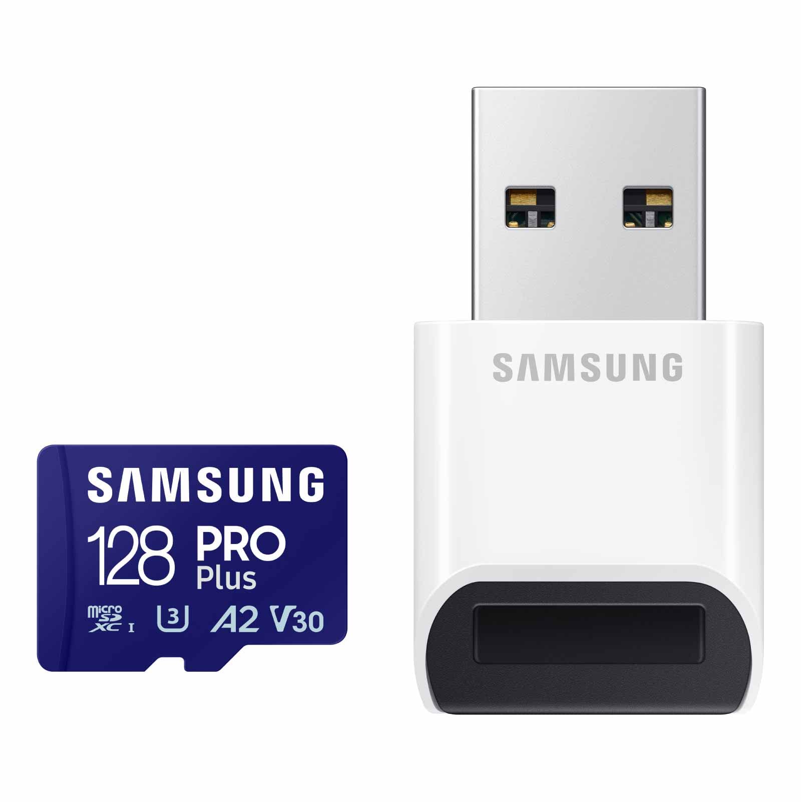 Photo 1 of Samsung PRO Plus microSD Memory Card + Reader, 128GB MicroSDXC, Up to 180 MB/s, Full HD & 4K UHD, UHS-I, C10, U3, V30, A2 for Android Phones, Tablets, GoPRO, DJI Drone, MB-MD128SB/AM, 2023