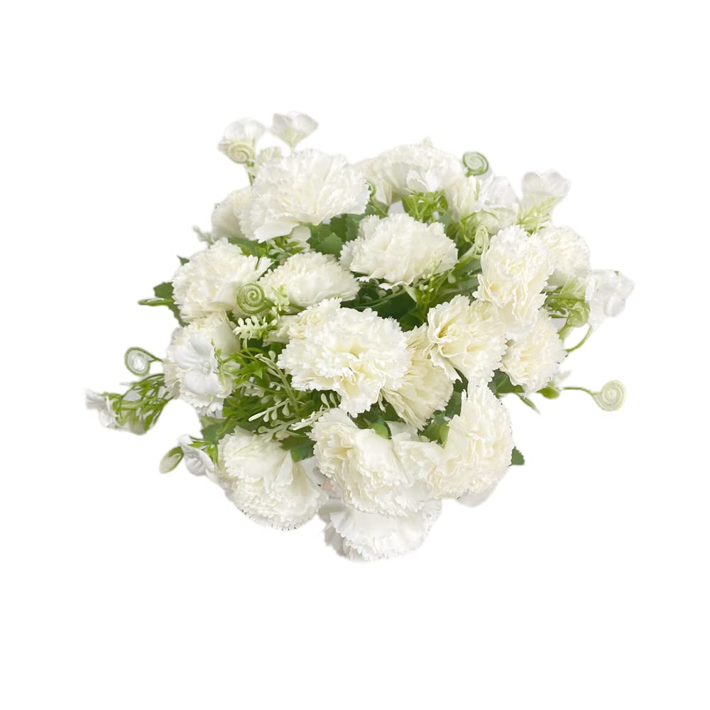 3 Bunches Artificial Silk Flower Carnations,12 Inch Bouquet and Green Leaf for Photo Props Home Party,Home Decoration Bridal Wedding Festival Decoration with 13 Per Bunch Flower (White)
