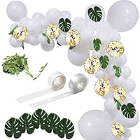 Balloon Arch Garland Kit 100 pcs White Latex Balloons Gold Confetti Balloons 12pcs Green Palm Leaves Artificial Vines Decorating Strip Pack for Wedding, Baby Shower, Birthday Party Backdrop Decoration