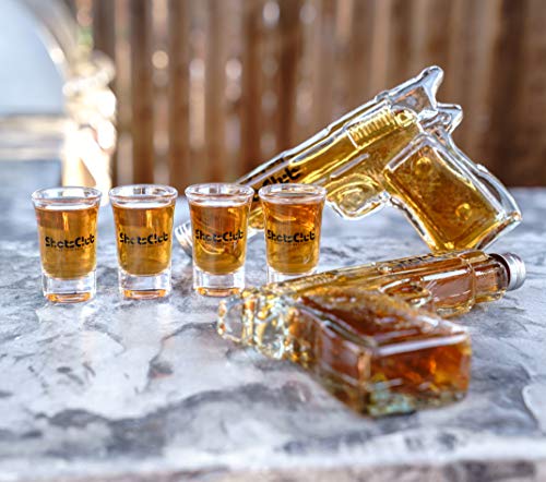 SHOTSCLUB Unique Whiskey Decanter and Glass Set - Gun Decanters for Alcohol, 8 Shot Glasses, Holster, Carry Case - Drinking Party Accessories for Men
