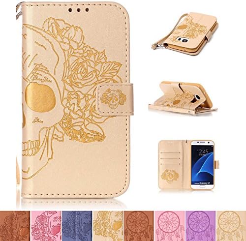 Galaxy S7 Case, Firefish [Kickstand] [Card Slots] Dual Layer Shockproof Flip Folio Magnetic Closure Protective Cover with Wrist Strap for Samsung Galaxy S7- Skull-J