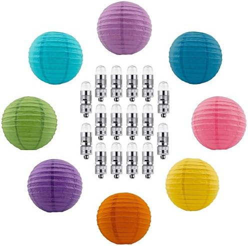 Round Paper Lantern Lamps: 8-Pack - 12’ Round Multi-Colored Lanterns | 16-Pack Premium White Mini-LED Lights | Perfect for Indoor &amp; Outdoor Parties, Events, &amp; Ambiance
