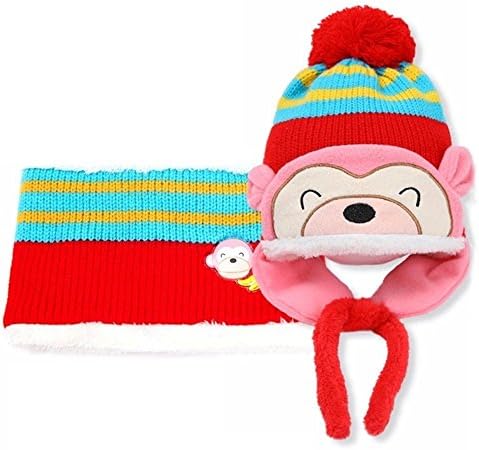 BUYEONLINE Baby Boy Girl Winter Cute Cotton Little Monkey Scarf And Hat Cap Set Red
