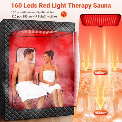 2 Person Sauna Portable Infra-red Sauna Box, Upgraded Home Sauna Tent with 160 LEDs Dual 660nm & 850nm RedLight, 2 Steamers, 5-Layer Waterproof, 99-Min Timer & Remote for Relaxation