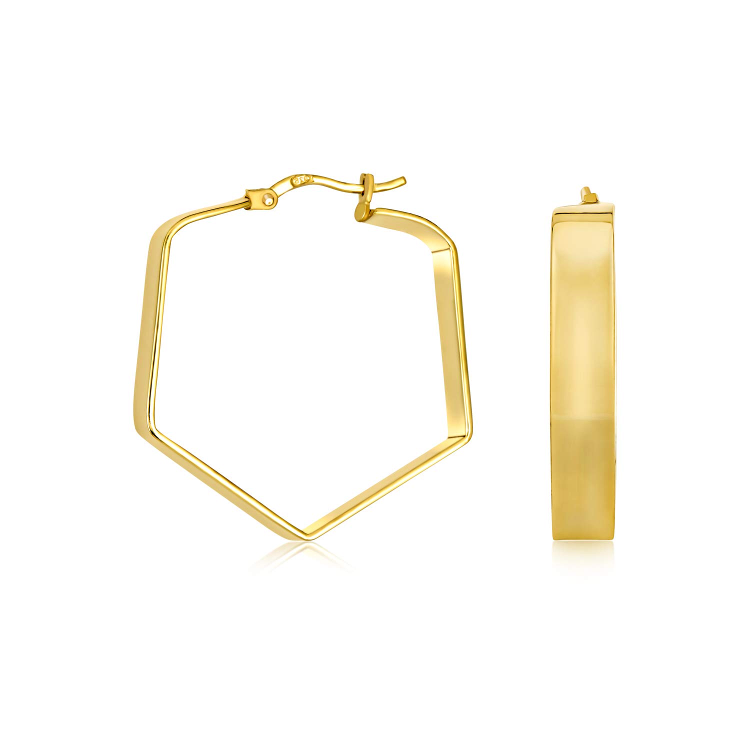 Geometric Flat Hexagon Hoop Earrings For Women Teen Yellow Gold Plated .925 Sterling Silver 1.25 Inch