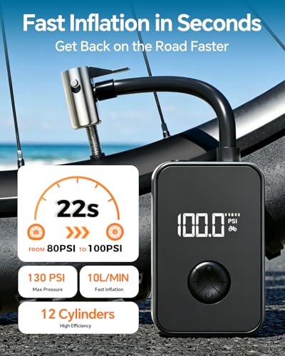 Yetour Bike Pump Electric, Portable Mini Bicycle Air Pump 130PSI Brushless Motor, Bike Pump with Gauge, Fits Presta & Schrader Valve, Rechargeable LED Light, for Road, Mountain, City, Fat Tire Bikes