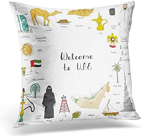 Johnnie Decorative Pillow Cover Doodle UAE Sketchy Emirati Food United Arab Emirates Flag Dubai Abu Dhabi Burj Al Khalifa Camel Oil Abaya Throw Pillow Case Square Home Decor Pillowcase 18x18 Inches