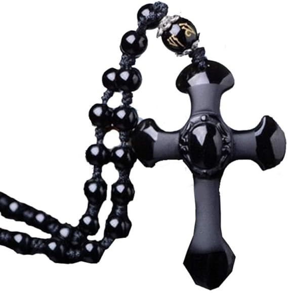 Amazon ナチュラルブラックオブシディアン刻まれたクロスラッキーペンダントビーズレトロネックレス女性男性手彫りペンダントジュエリー ネックレス 通販